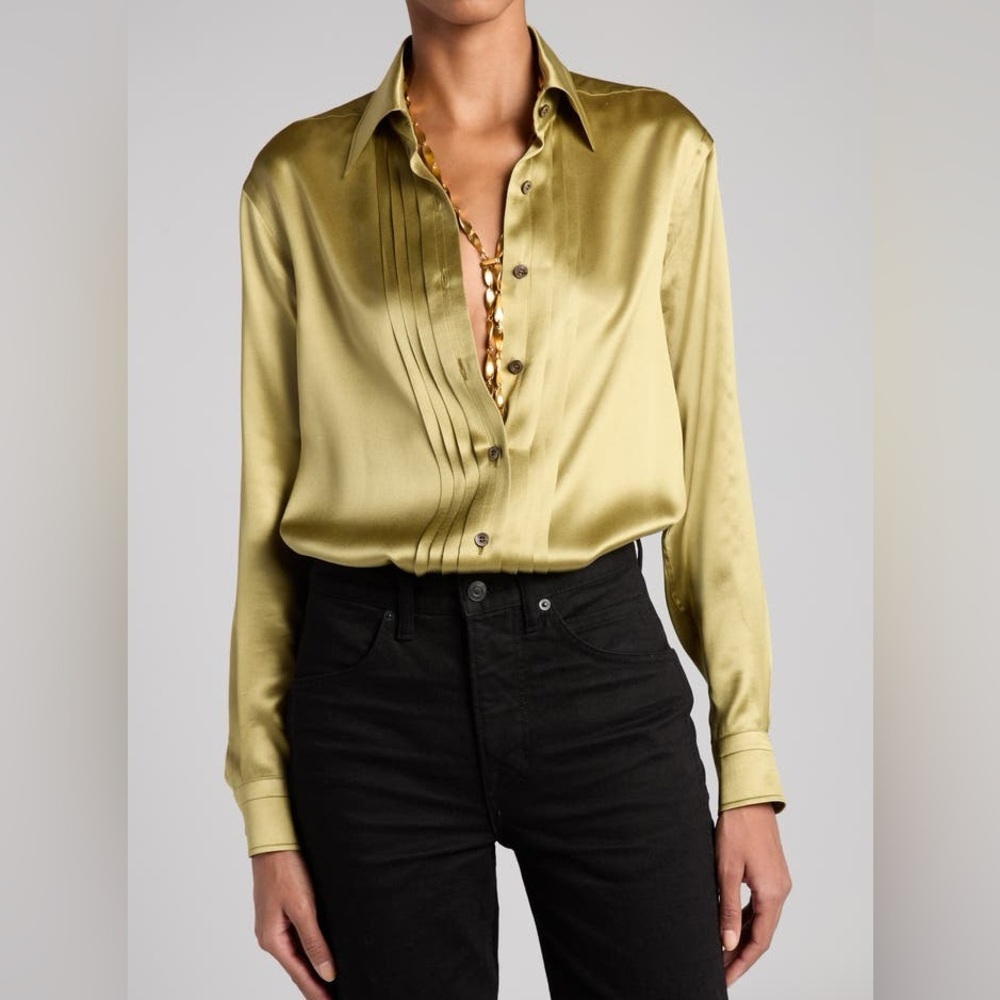 Tom Ford Fluid Fit Pleated Silk Charmeuse Button-Up Shirt in Fg710 Pale Sage NWT